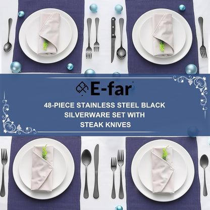 Black Silverware Set with Organizer, 49-Piece Stainless Steel Flatware Cutlery Set for 8 with Tray and Steak Knives, Kitchen Metal Eating Utensils Tableware Sets, Mirror Polished & Rust Proof