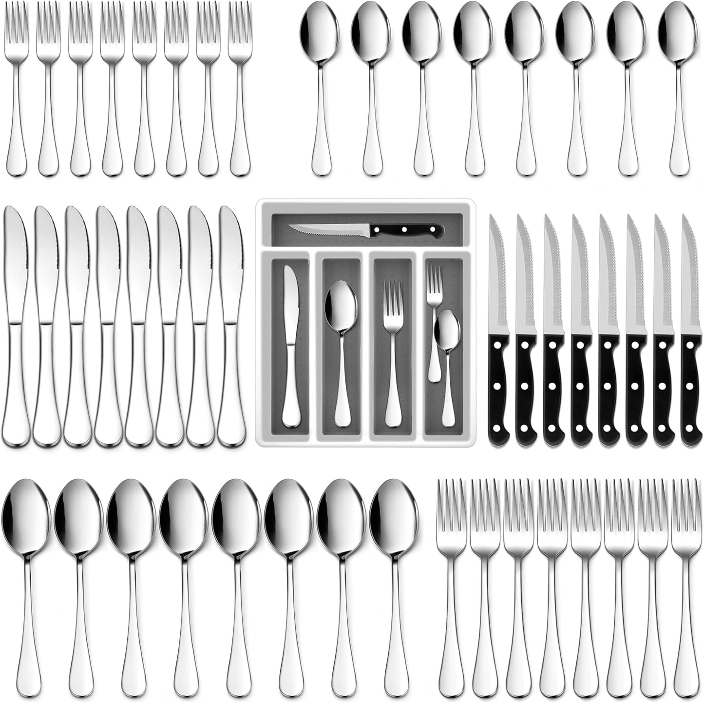 Black Silverware Set with Organizer, 49-Piece Stainless Steel Flatware Cutlery Set for 8 with Tray and Steak Knives, Kitchen Metal Eating Utensils Tableware Sets, Mirror Polished & Rust Proof