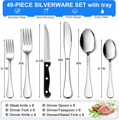 Black Silverware Set with Organizer, 49-Piece Stainless Steel Flatware Cutlery Set for 8 with Tray and Steak Knives, Kitchen Metal Eating Utensils Tableware Sets, Mirror Polished & Rust Proof