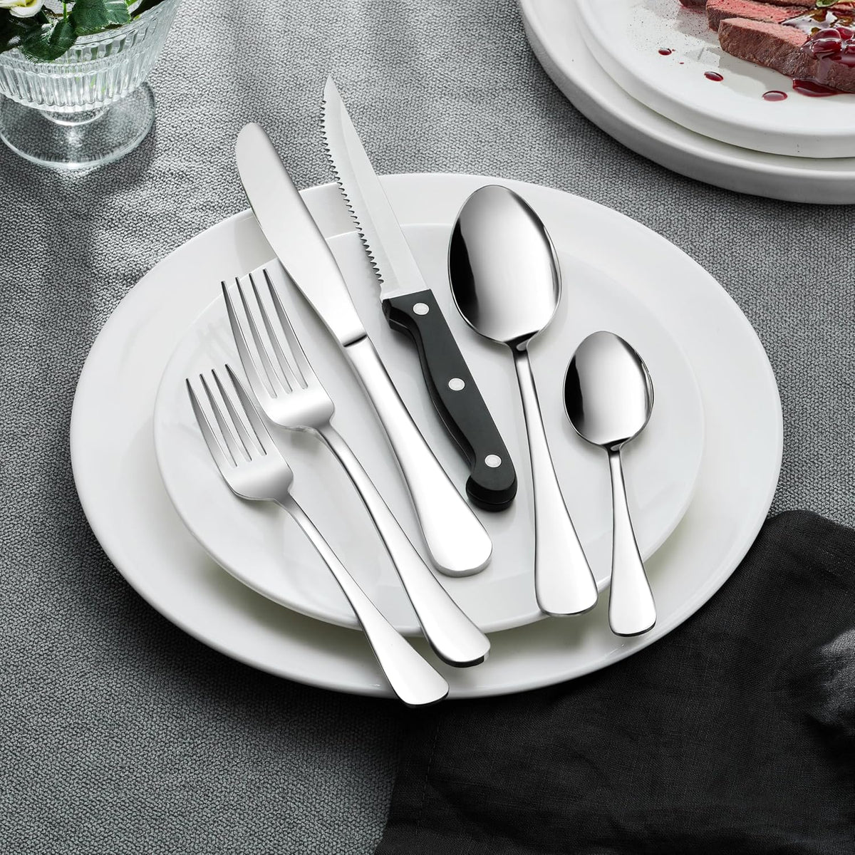 Black Silverware Set with Organizer, 49-Piece Stainless Steel Flatware Cutlery Set for 8 with Tray and Steak Knives, Kitchen Metal Eating Utensils Tableware Sets, Mirror Polished & Rust Proof