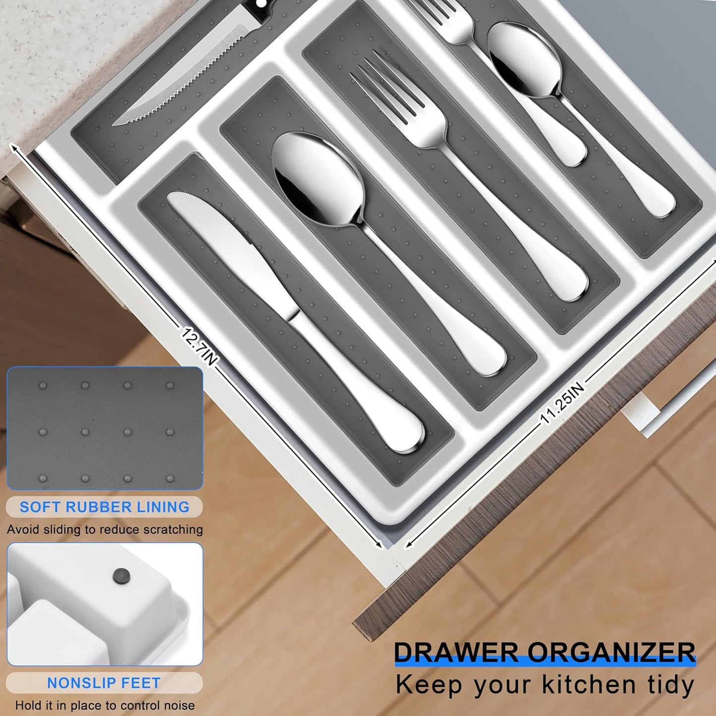 Black Silverware Set with Organizer, 49-Piece Stainless Steel Flatware Cutlery Set for 8 with Tray and Steak Knives, Kitchen Metal Eating Utensils Tableware Sets, Mirror Polished & Rust Proof
