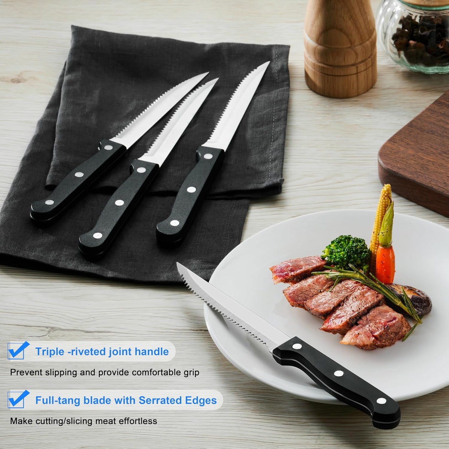 Black Silverware Set with Organizer, 49-Piece Stainless Steel Flatware Cutlery Set for 8 with Tray and Steak Knives, Kitchen Metal Eating Utensils Tableware Sets, Mirror Polished & Rust Proof
