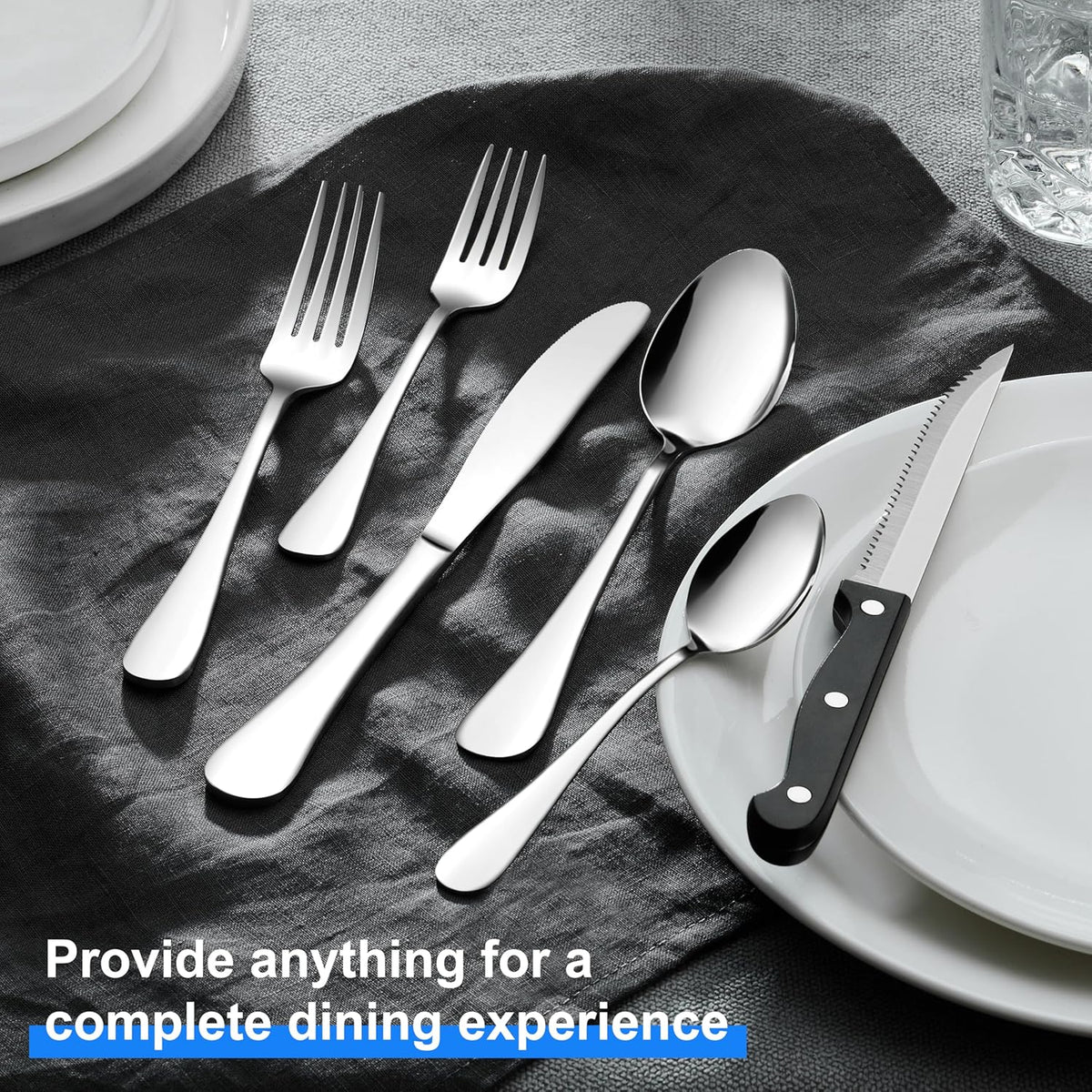 Black Silverware Set with Organizer, 49-Piece Stainless Steel Flatware Cutlery Set for 8 with Tray and Steak Knives, Kitchen Metal Eating Utensils Tableware Sets, Mirror Polished & Rust Proof