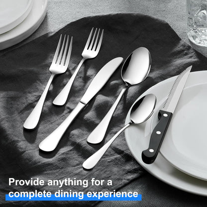 Black Silverware Set with Organizer, 49-Piece Stainless Steel Flatware Cutlery Set for 8 with Tray and Steak Knives, Kitchen Metal Eating Utensils Tableware Sets, Mirror Polished & Rust Proof