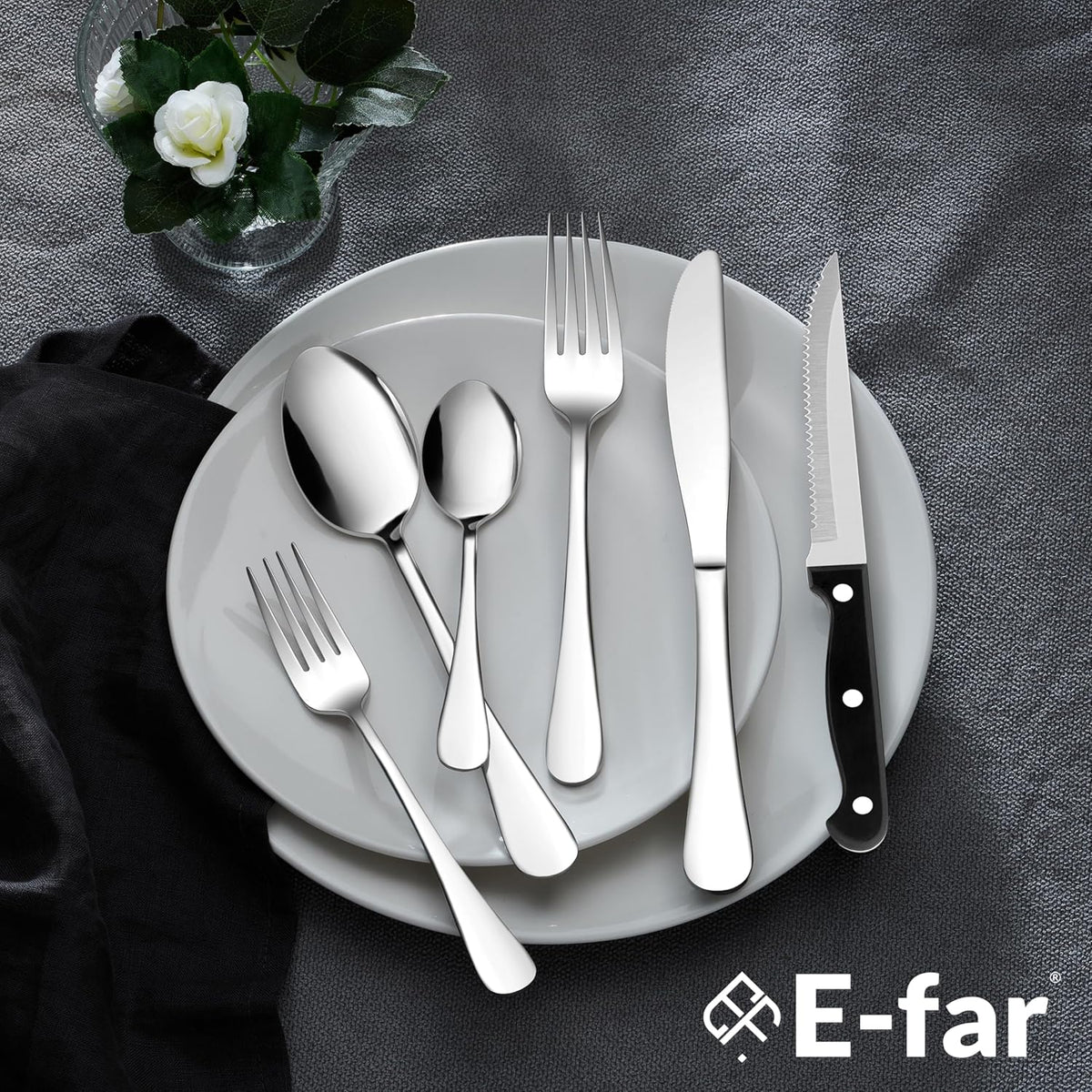 Black Silverware Set with Organizer, 49-Piece Stainless Steel Flatware Cutlery Set for 8 with Tray and Steak Knives, Kitchen Metal Eating Utensils Tableware Sets, Mirror Polished & Rust Proof