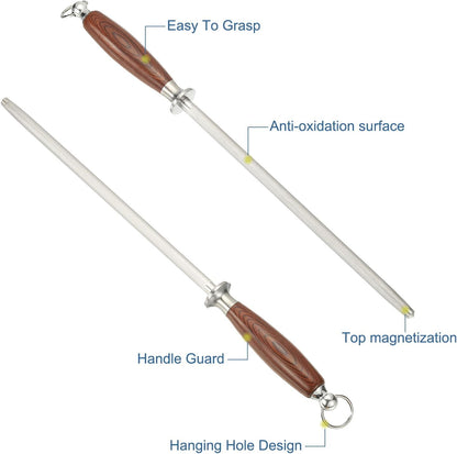 12 Inch Sharpening Steel Honing Rod, Diamond Sand Sharpening Rod Knife Sharpener Steel for Kitchen Knife Silver
