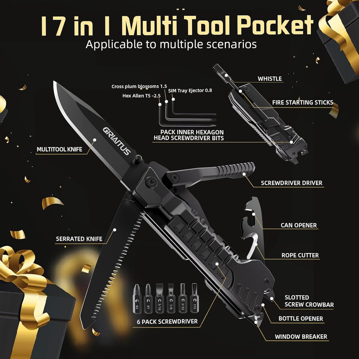 17-in-1 Multitool Knife, Multi-Tool Gift for Men, Camping EDC Pocket Knife