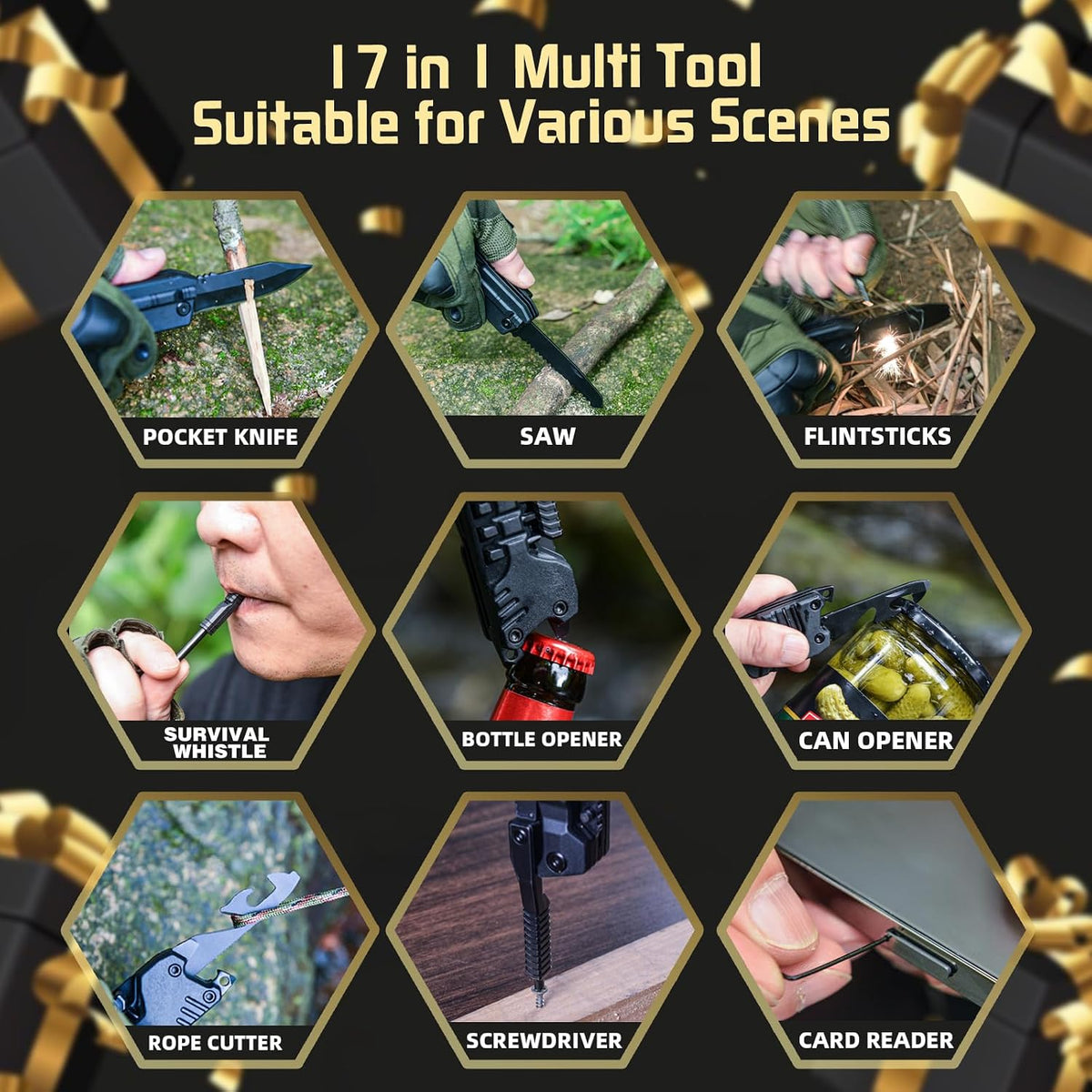 17-in-1 Multitool Knife, Multi-Tool Gift for Men, Camping EDC Pocket Knife