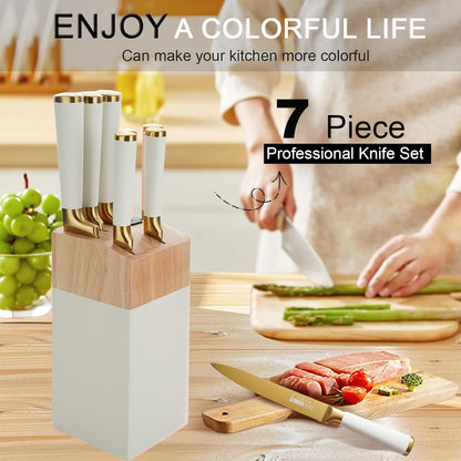 Kitchen Knife Set with Block and Sharpener, 7-Piece Knife Set for Chef, Pink Knife Holder Set, Gold-Plated Stainless Steel Kitchen Knife, Ergonomically Designed (Pink)