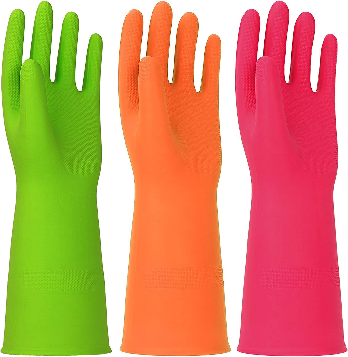 3 Pairs Rubber Cleaning Gloves Latex Free Dishwashing Gloves - 13" Reusable Nitrile Gloves Large, Orange+Pink+Red