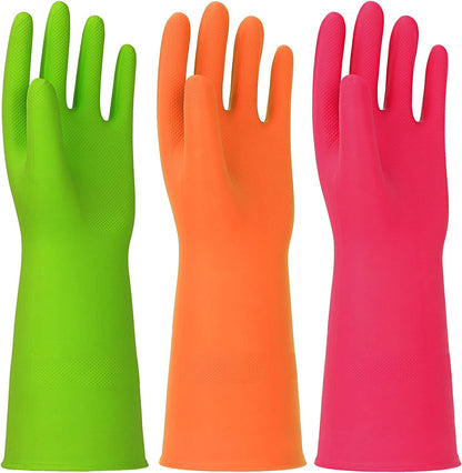 3 Pairs Rubber Cleaning Gloves Latex Free Dishwashing Gloves - 13" Reusable Nitrile Gloves Large, Orange+Pink+Red