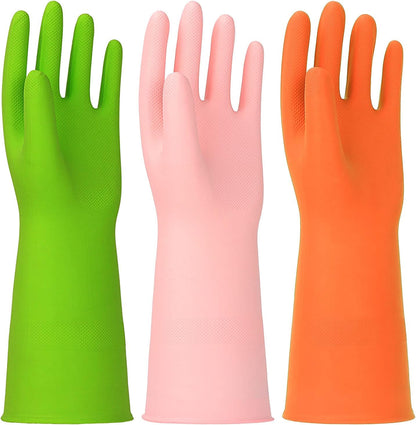 3 Pairs Rubber Cleaning Gloves Latex Free Dishwashing Gloves - 13" Reusable Nitrile Gloves Large, Orange+Pink+Red
