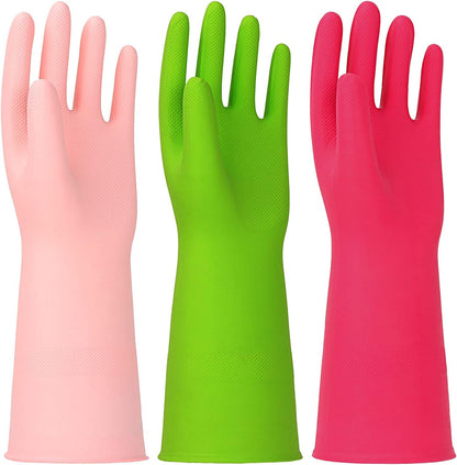 3 Pairs Rubber Cleaning Gloves Latex Free Dishwashing Gloves - 13" Reusable Nitrile Gloves Large, Orange+Pink+Red