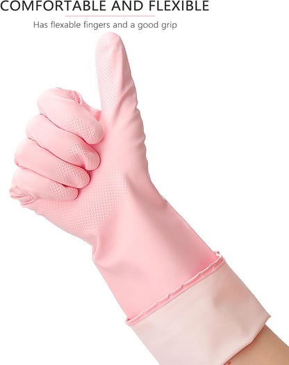 3 Pairs Rubber Cleaning Gloves Latex Free Dishwashing Gloves - 13" Reusable Nitrile Gloves Large, Orange+Pink+Red