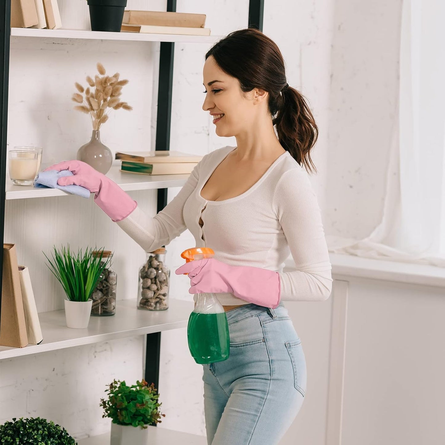 3 Pairs Rubber Cleaning Gloves Latex Free Dishwashing Gloves - 13" Reusable Nitrile Gloves Large, Orange+Pink+Red
