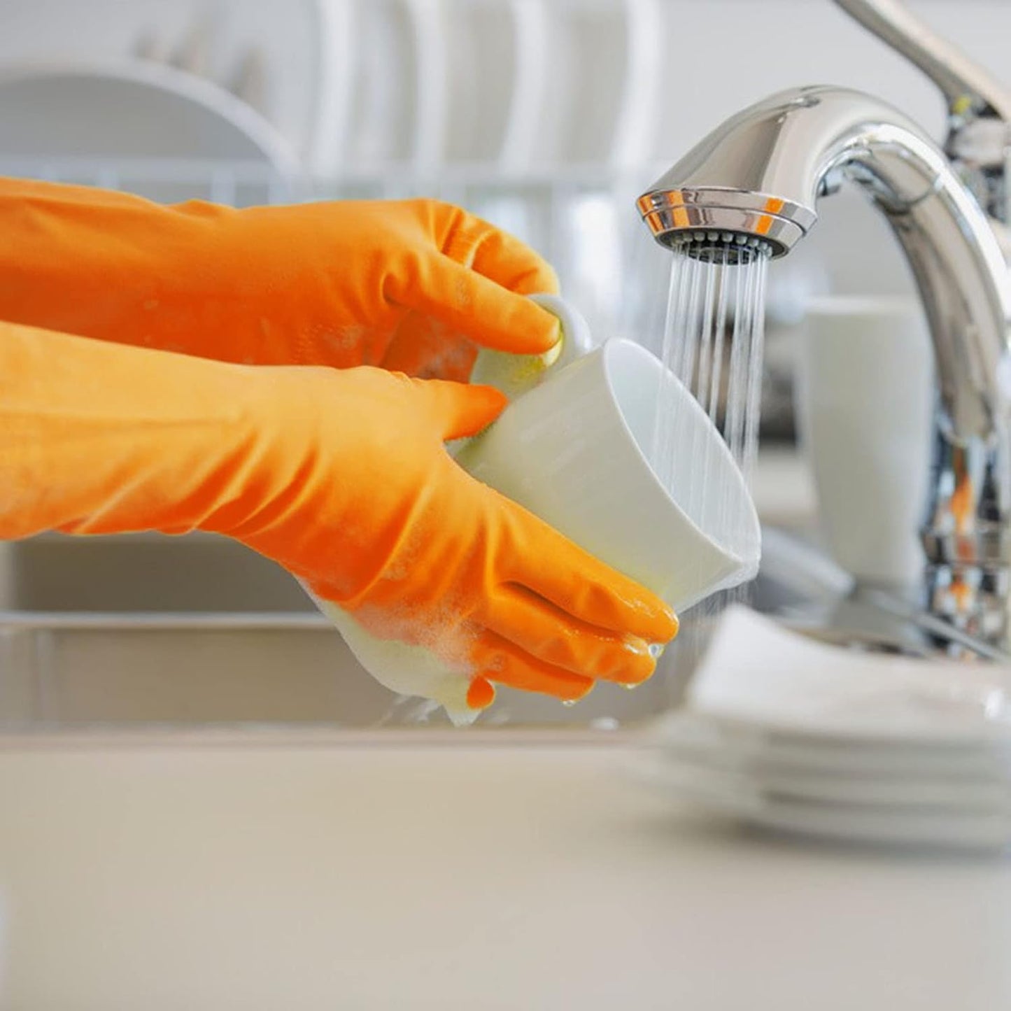 3 Pairs Rubber Cleaning Gloves Latex Free Dishwashing Gloves - 13" Reusable Nitrile Gloves Large, Orange+Pink+Red