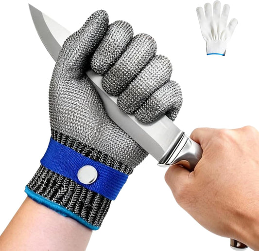 A9 Cut Resistant Chainmail Gloves – Stainless Steel Mesh Metal Glove with Adjustable Wrist Buckle & Nylon Liner Gloves
