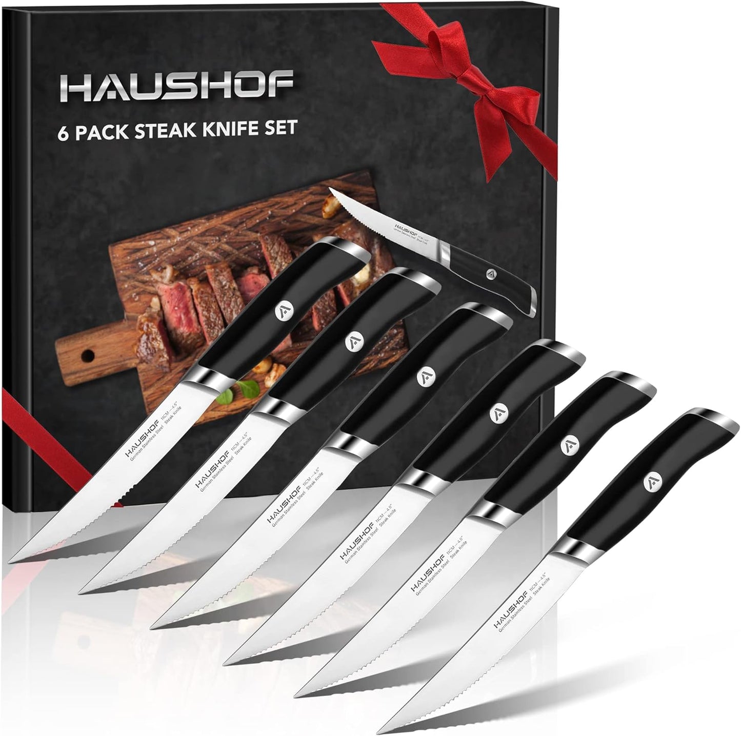 Steak Knives Set of 6, German Stainless Steel Premium Serrated Steak Knife Set with Gift Box, Full Tang Design with Ergonomic Handle, Gifts Knife Set for Dad, Mom, Husband and Wife