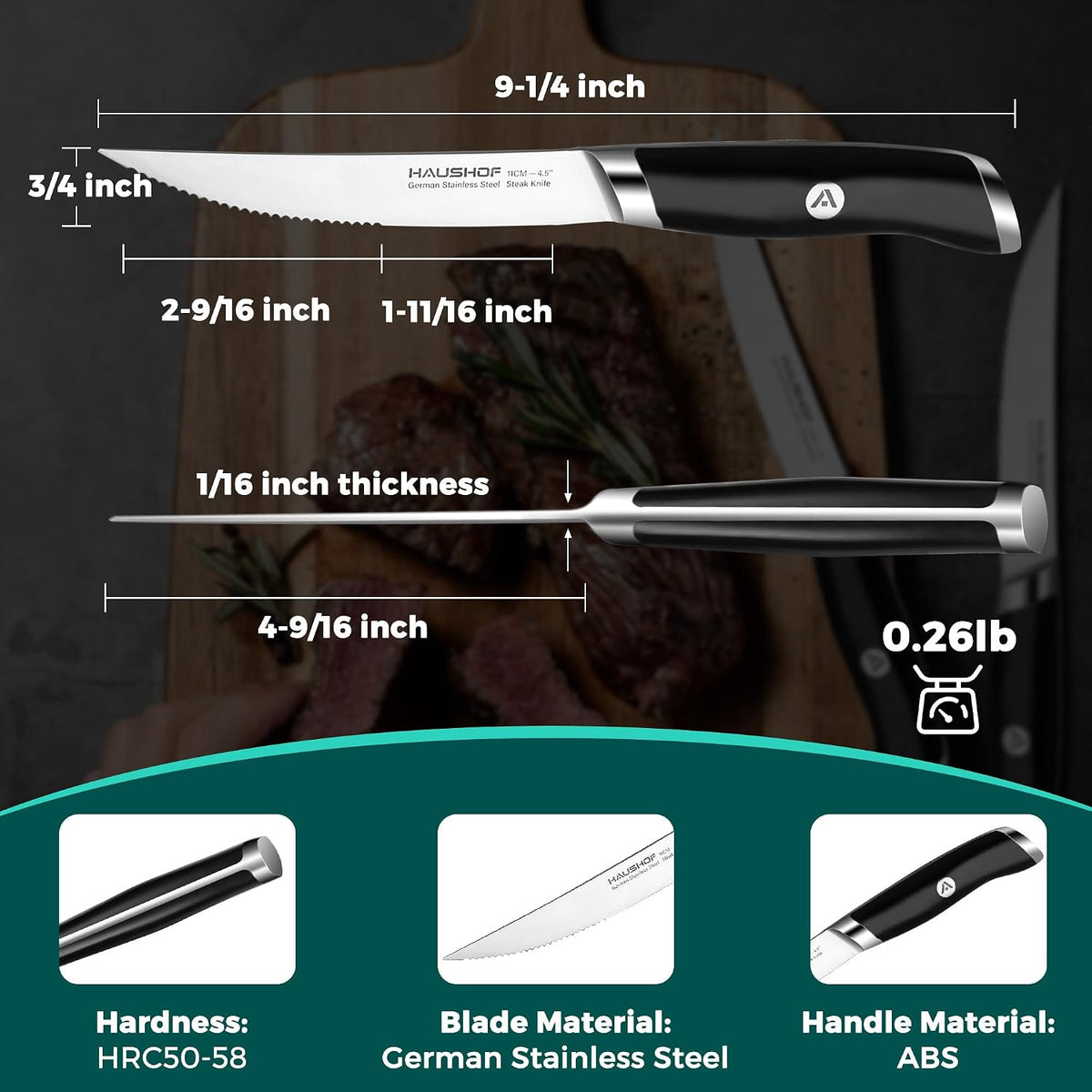 Steak Knives Set of 6, German Stainless Steel Premium Serrated Steak Knife Set with Gift Box, Full Tang Design with Ergonomic Handle, Gifts Knife Set for Dad, Mom, Husband and Wife