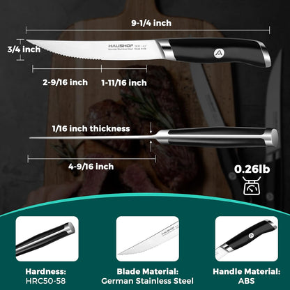 Steak Knives Set of 6, German Stainless Steel Premium Serrated Steak Knife Set with Gift Box, Full Tang Design with Ergonomic Handle, Gifts Knife Set for Dad, Mom, Husband and Wife