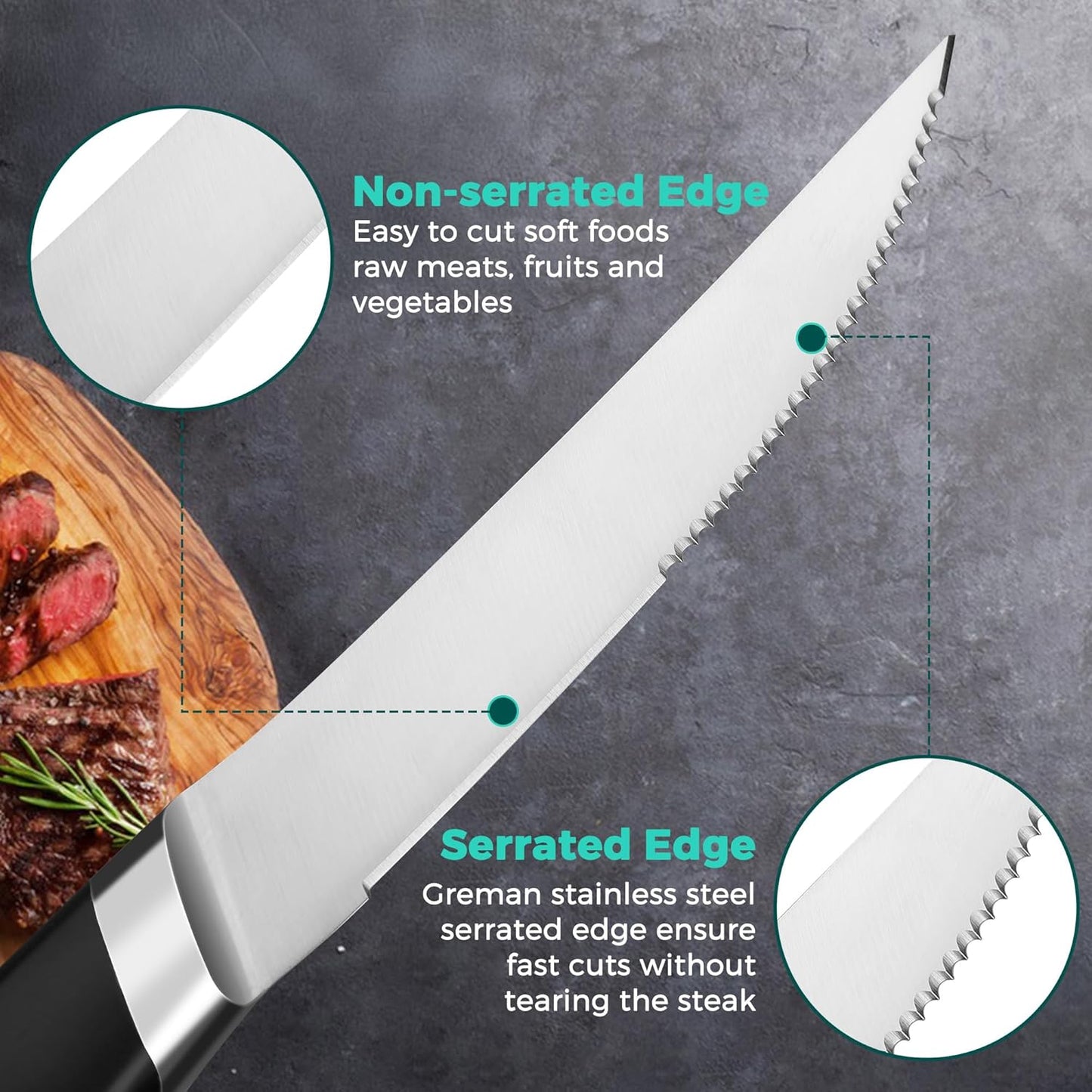 Steak Knives Set of 6, German Stainless Steel Premium Serrated Steak Knife Set with Gift Box, Full Tang Design with Ergonomic Handle, Gifts Knife Set for Dad, Mom, Husband and Wife
