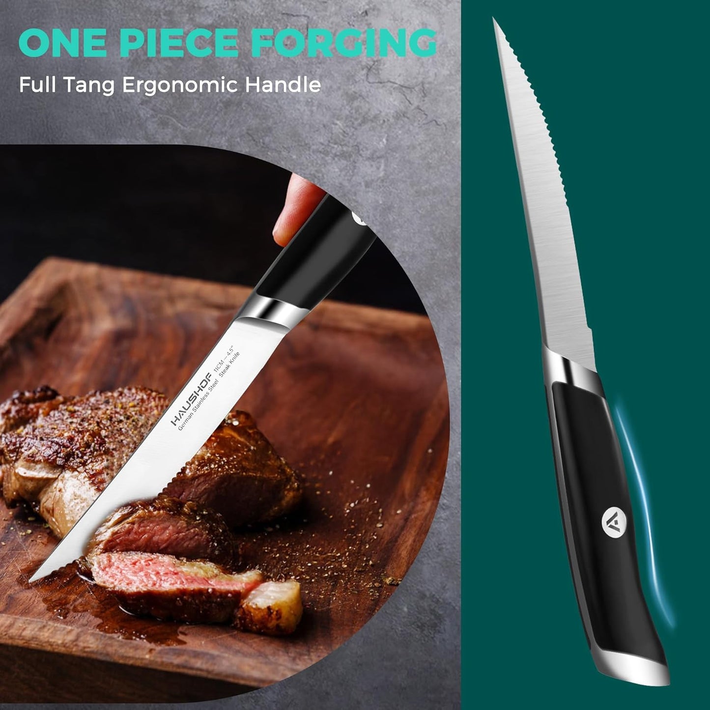 Steak Knives Set of 6, German Stainless Steel Premium Serrated Steak Knife Set with Gift Box, Full Tang Design with Ergonomic Handle, Gifts Knife Set for Dad, Mom, Husband and Wife