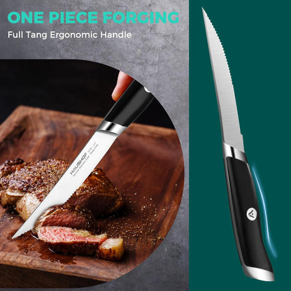 Steak Knives Set of 6, German Stainless Steel Premium Serrated Steak Knife Set with Gift Box, Full Tang Design with Ergonomic Handle, Gifts Knife Set for Dad, Mom, Husband and Wife