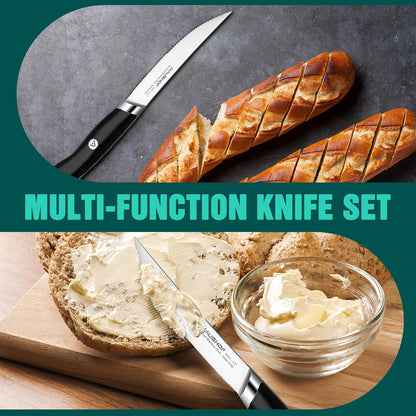 Steak Knives Set of 6, German Stainless Steel Premium Serrated Steak Knife Set with Gift Box, Full Tang Design with Ergonomic Handle, Gifts Knife Set for Dad, Mom, Husband and Wife