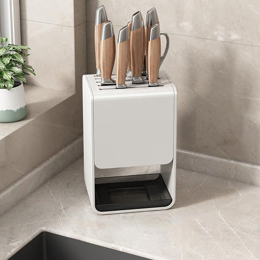 Universal Knife Block, Modern Rectangular Design with Scissors-Slot, Knife Holder Counter-top Storage with Drain Tray (White)