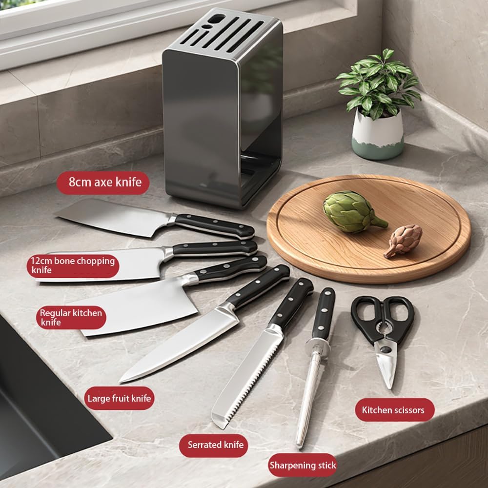 Universal Knife Block, Modern Rectangular Design with Scissors-Slot, Knife Holder Counter-top Storage with Drain Tray (White)