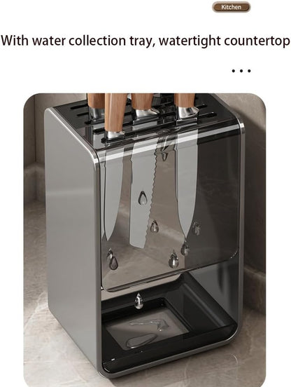 Universal Knife Block, Modern Rectangular Design with Scissors-Slot, Knife Holder Counter-top Storage with Drain Tray (White)