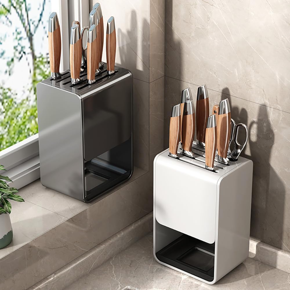 Universal Knife Block, Modern Rectangular Design with Scissors-Slot, Knife Holder Counter-top Storage with Drain Tray (White)
