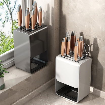 Universal Knife Block, Modern Rectangular Design with Scissors-Slot, Knife Holder Counter-top Storage with Drain Tray (White)