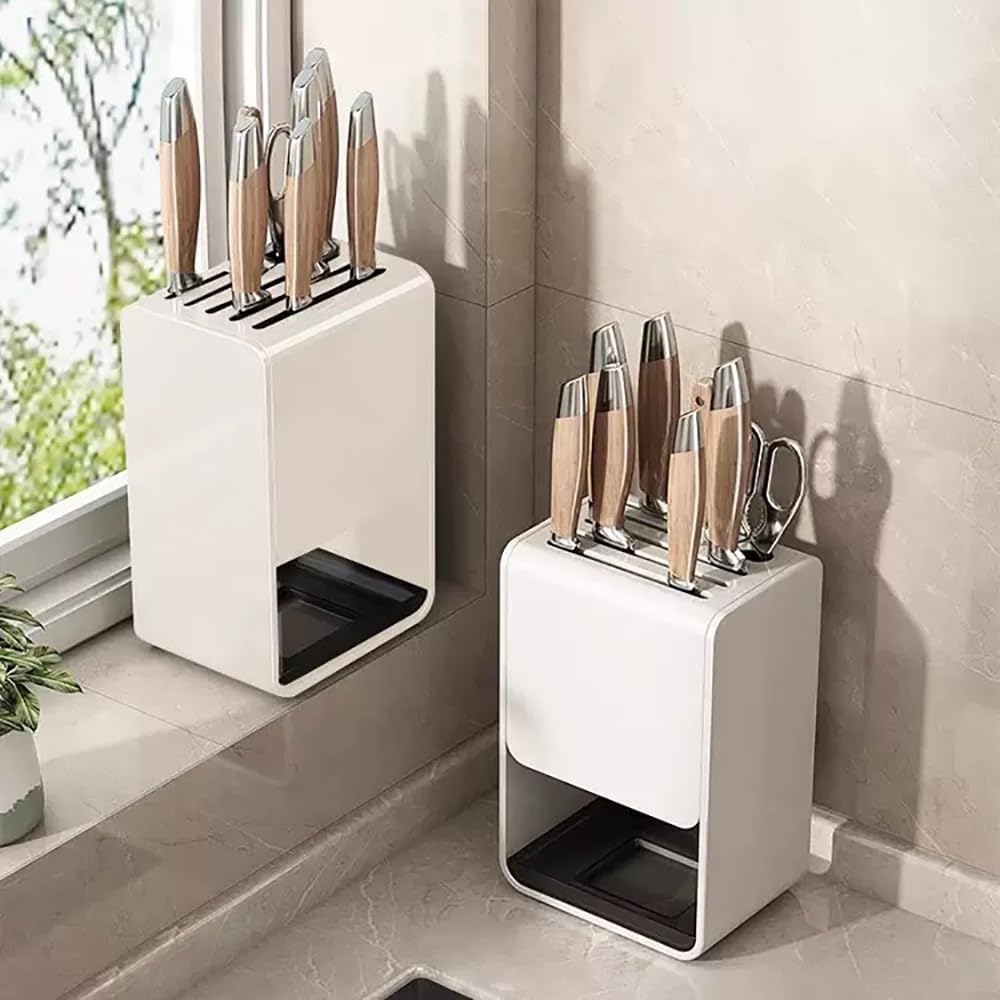 Universal Knife Block, Modern Rectangular Design with Scissors-Slot, Knife Holder Counter-top Storage with Drain Tray (White)