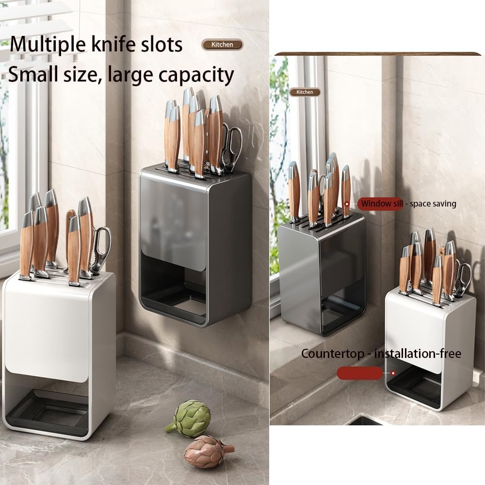 Universal Knife Block, Modern Rectangular Design with Scissors-Slot, Knife Holder Counter-top Storage with Drain Tray (White)