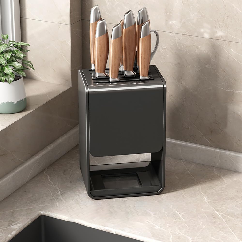 Universal Knife Block, Modern Rectangular Design with Scissors-Slot, Knife Holder Counter-top Storage with Drain Tray (White)