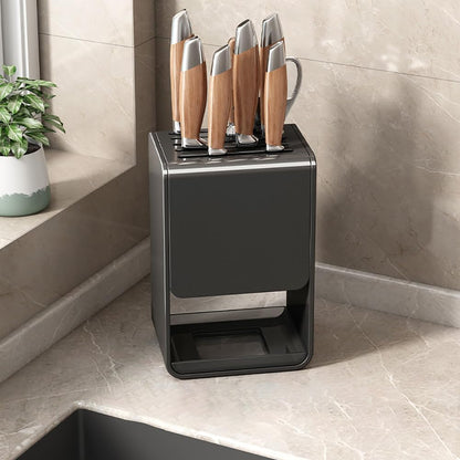 Universal Knife Block, Modern Rectangular Design with Scissors-Slot, Knife Holder Counter-top Storage with Drain Tray (White)