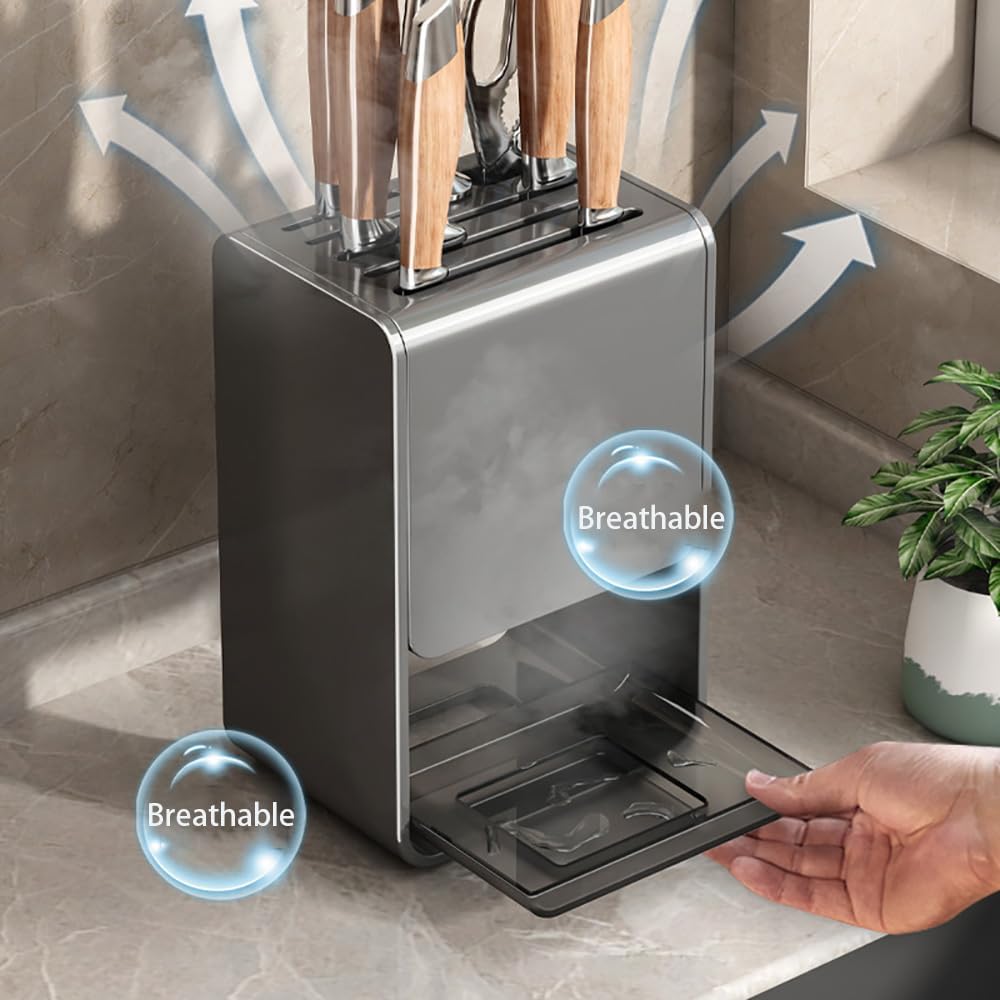 Universal Knife Block, Modern Rectangular Design with Scissors-Slot, Knife Holder Counter-top Storage with Drain Tray (White)