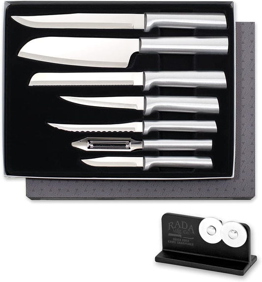 The Starter Gift Set (S38) + Sharpener, Silver Handle | 7-piece Knife Set with Quick Edge Sharpener (R119), Stainless Steel Blades, Silver Cast Aluminum Handle