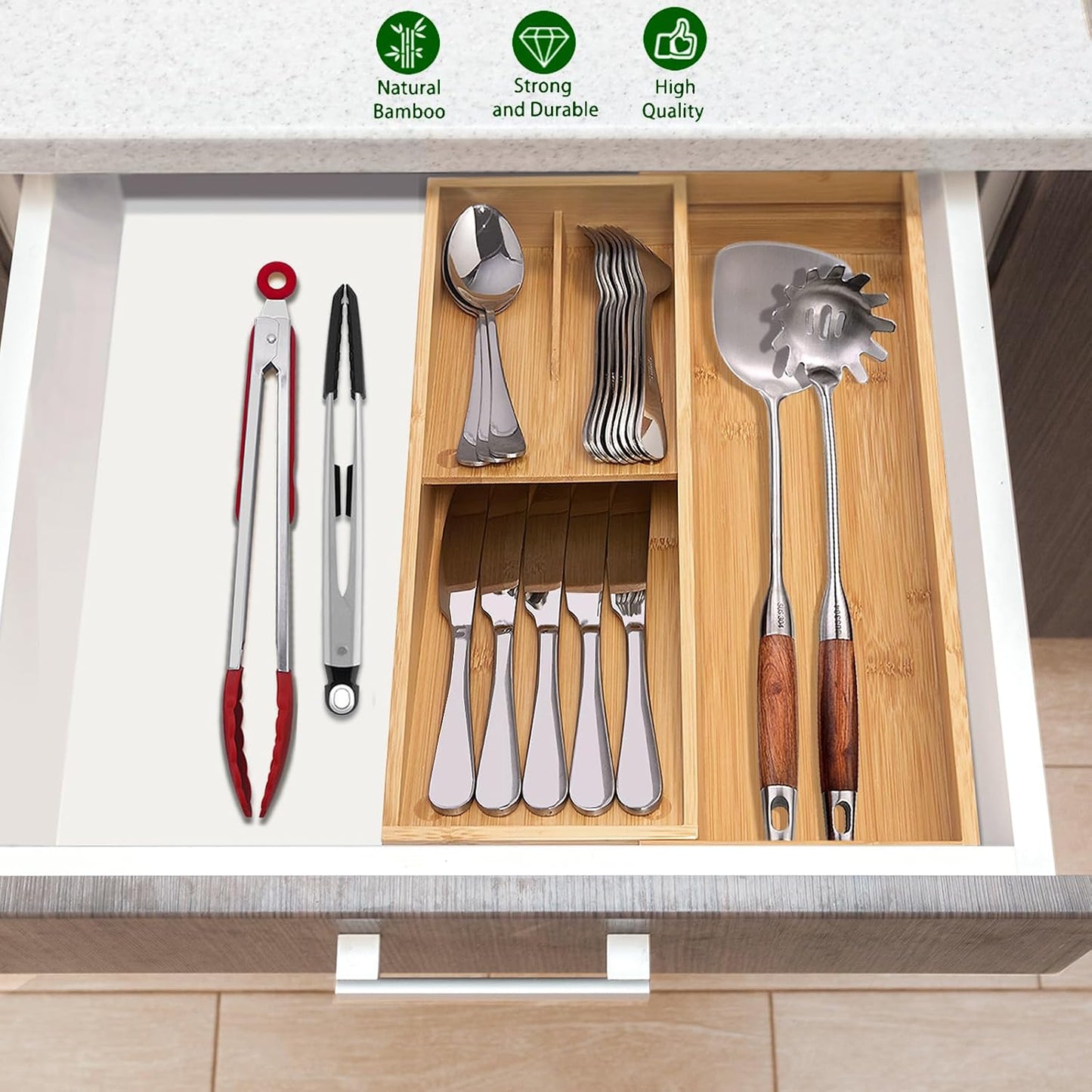 Bamboo Silverware Drawer Organizer, Kitchen Small Silverware Organizer, Utensil Tray Holder, Cutlery Tray for Spoons, Forks, Knives, Suitable for a family of 2-4