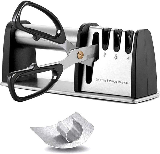 Knife Sharpeners, Best 4 in 1 Manual Kitchen Knives & Scissor Sharpeners, 4 - Stage Knife Sharpening System with Diamond Steel, Ceramic Stone, Ergonomic Design, Non-slip Base（Black）