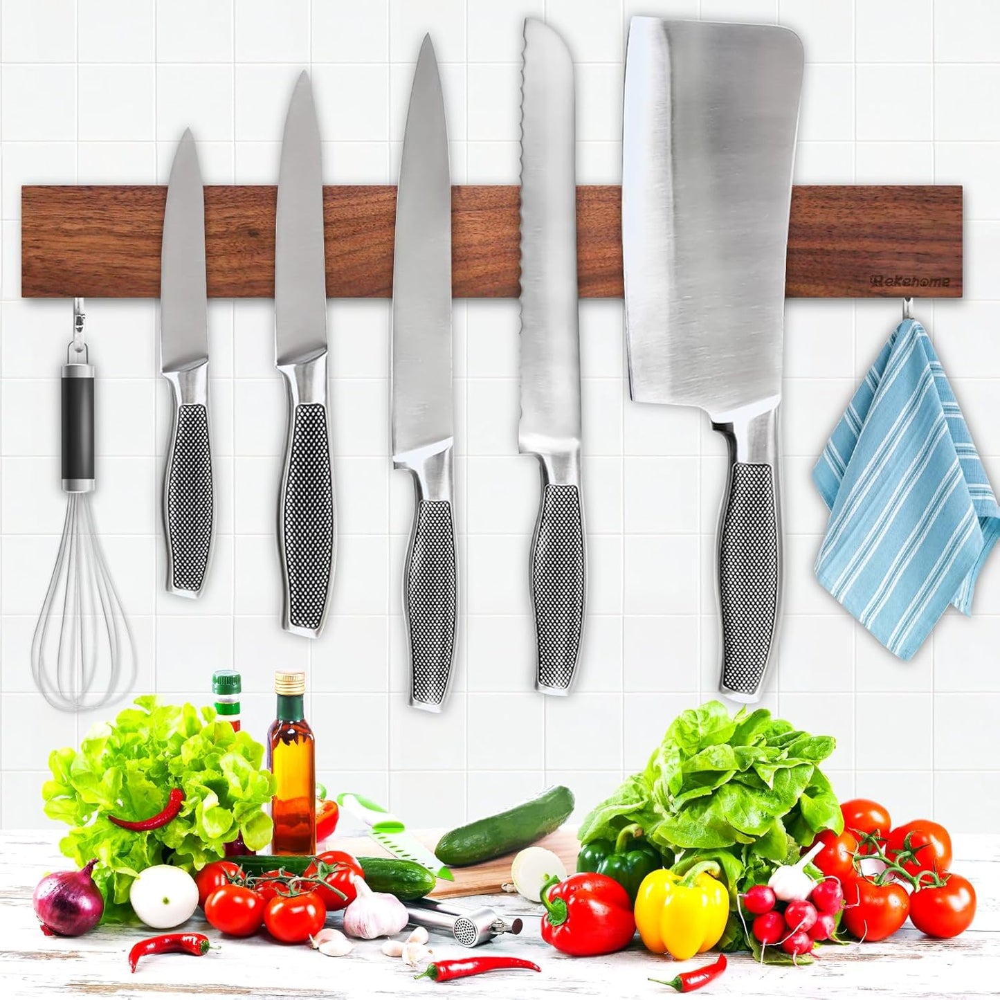 Magnetic Knife Holder for Wall 17 Inch, No Drilling black knife magnetic strip with 3 Hooks, Strong Magnet Knife Holder strip, Magnetic Knife Rack Bar for Kitchen Knives and Tools