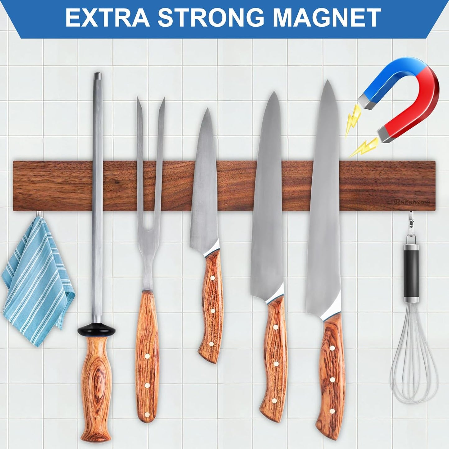 Magnetic Knife Holder for Wall 17 Inch, No Drilling black knife magnetic strip with 3 Hooks, Strong Magnet Knife Holder strip, Magnetic Knife Rack Bar for Kitchen Knives and Tools