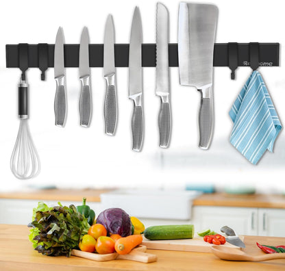 Magnetic Knife Holder for Wall 17 Inch, No Drilling black knife magnetic strip with 3 Hooks, Strong Magnet Knife Holder strip, Magnetic Knife Rack Bar for Kitchen Knives and Tools