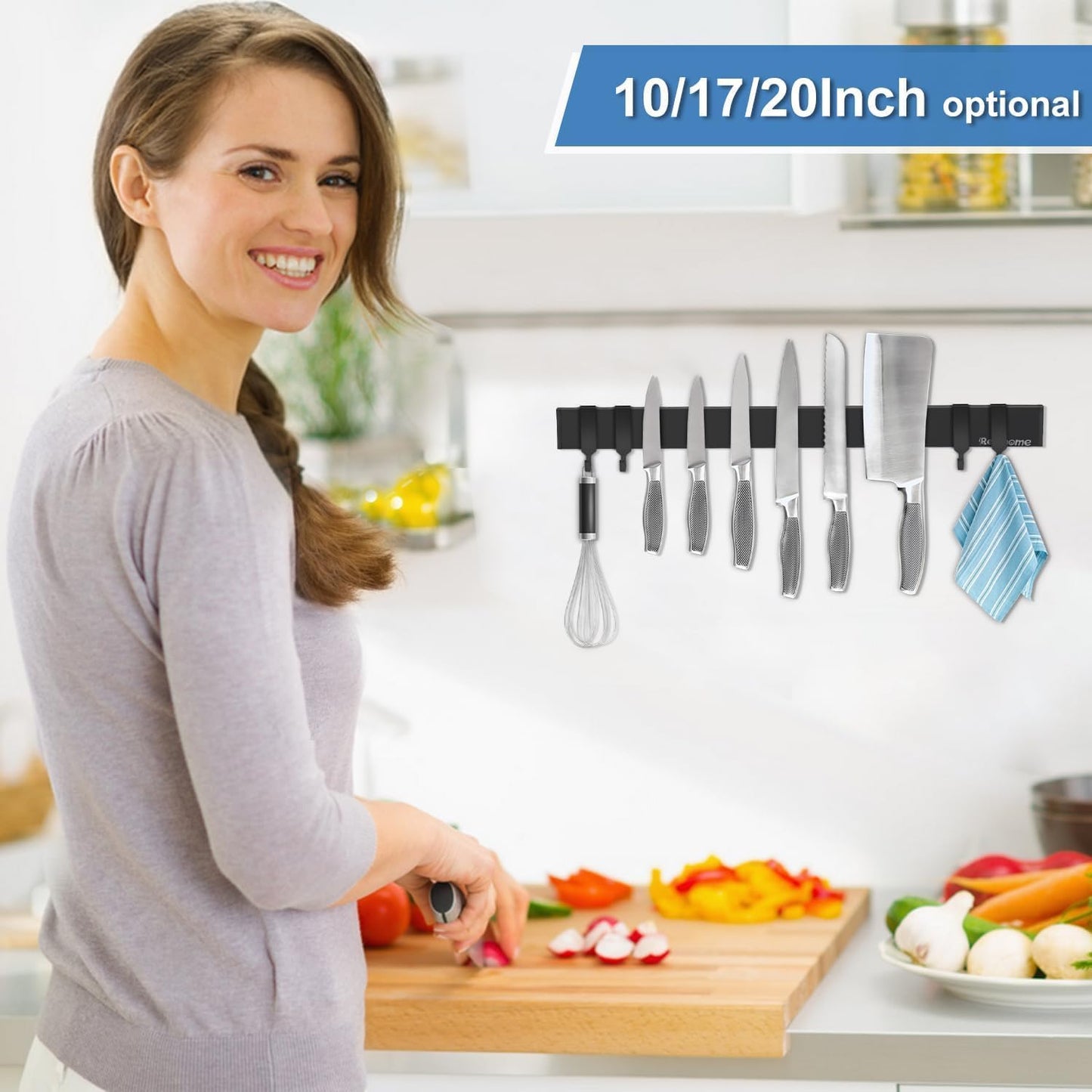 Magnetic Knife Holder for Wall 17 Inch, No Drilling black knife magnetic strip with 3 Hooks, Strong Magnet Knife Holder strip, Magnetic Knife Rack Bar for Kitchen Knives and Tools