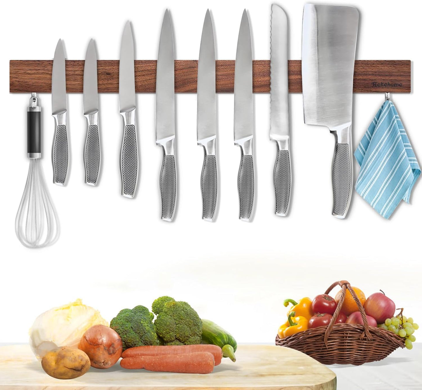 Magnetic Knife Holder for Wall 17 Inch, No Drilling black knife magnetic strip with 3 Hooks, Strong Magnet Knife Holder strip, Magnetic Knife Rack Bar for Kitchen Knives and Tools