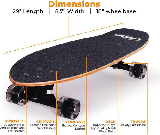 Complete Kid Skateboards 29" x 9" Youth Cruiser Skateboard for Beginners Double Kick Deck Concave Girls or Boys Skateboard