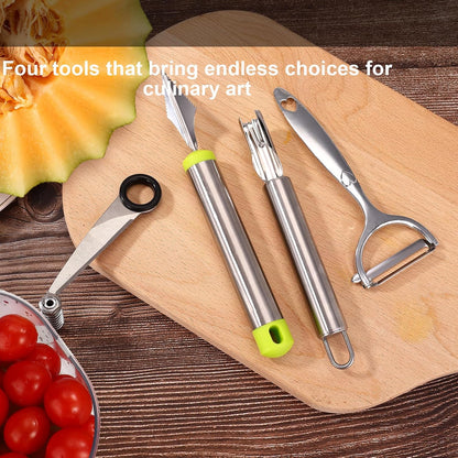 4pcs Kitchen Spiral Vegetable Cutter Set with V-Shaped Carving Cutting Tool, Peeler peeling and Flower-Shaped Fruit Carver Spiralizer Slicer Knife for Potatoes Cucumbers Melons Tomato Veggie