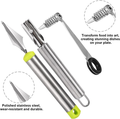 4pcs Kitchen Spiral Vegetable Cutter Set with V-Shaped Carving Cutting Tool, Peeler peeling and Flower-Shaped Fruit Carver Spiralizer Slicer Knife for Potatoes Cucumbers Melons Tomato Veggie