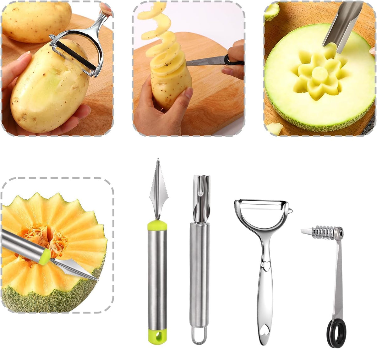 4pcs Kitchen Spiral Vegetable Cutter Set with V-Shaped Carving Cutting Tool, Peeler peeling and Flower-Shaped Fruit Carver Spiralizer Slicer Knife for Potatoes Cucumbers Melons Tomato Veggie
